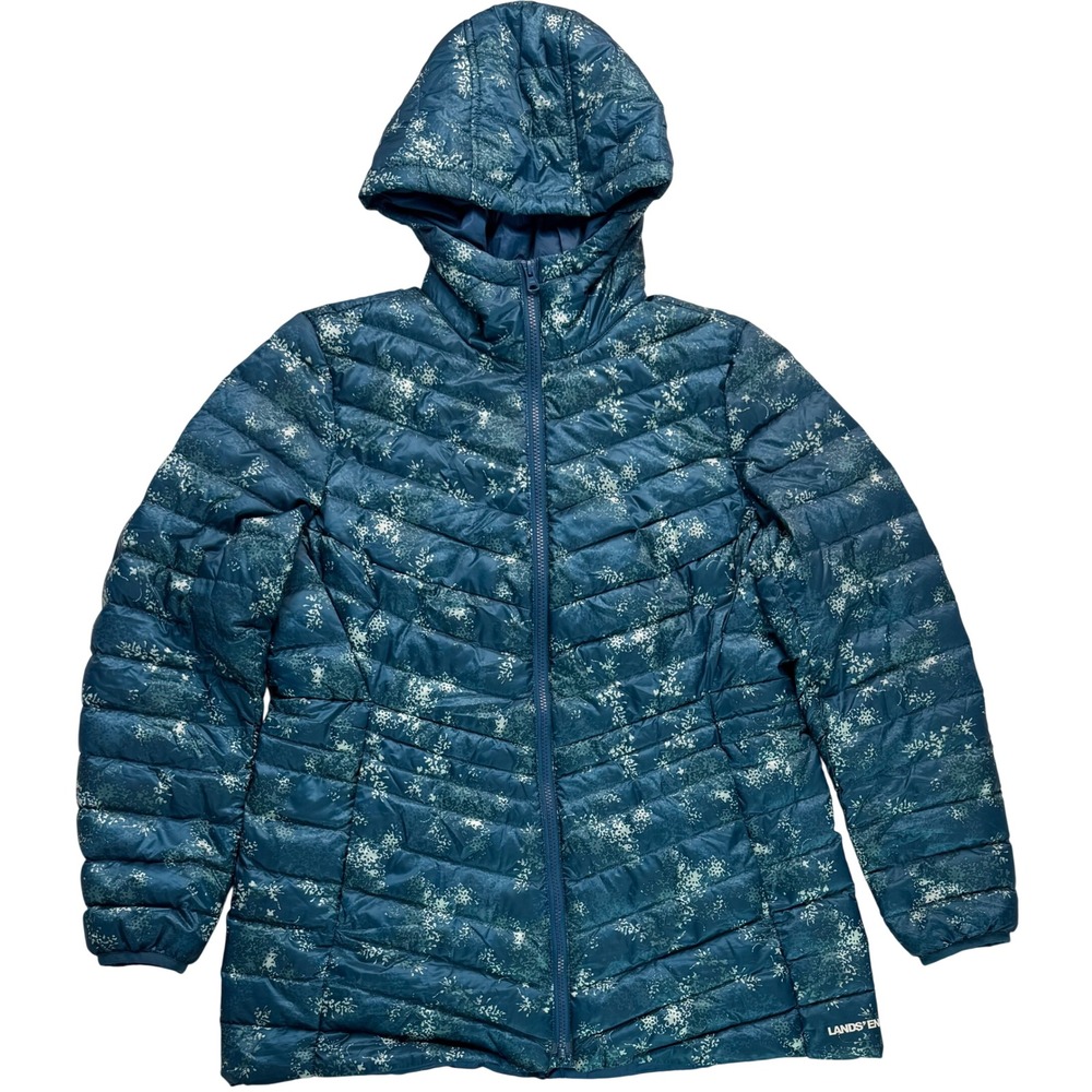 Lands End Womens Teal Blue Floral Down Puffer Jacket Hooded Size M 10-12